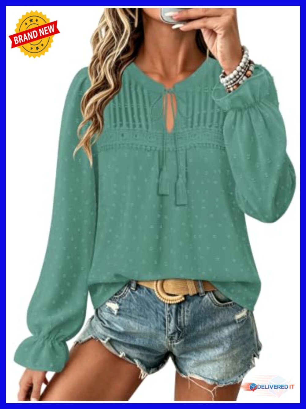 Women's Long Sleeve Swiss Dot Lace Boho Tunic Blouse Flowy Peasant Top